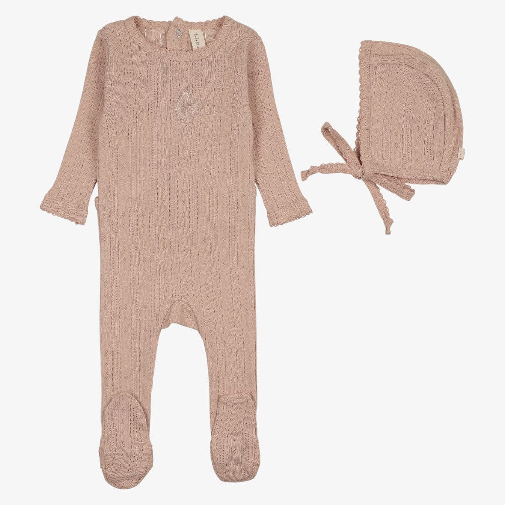 Geo Floral Embroidered Footie And Hat - Dusty Pink