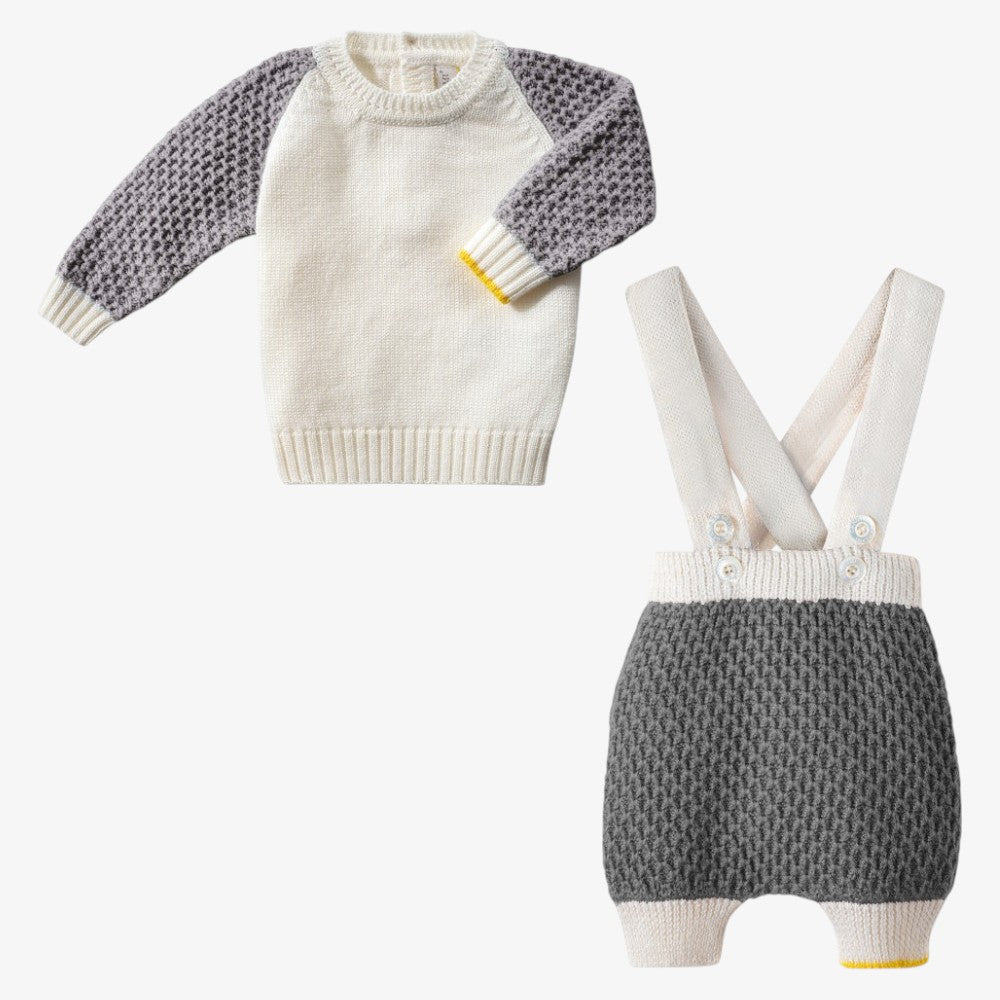 Honeycomb Knit Sweater With Suspender Pants - Offwhite &amp; Grey