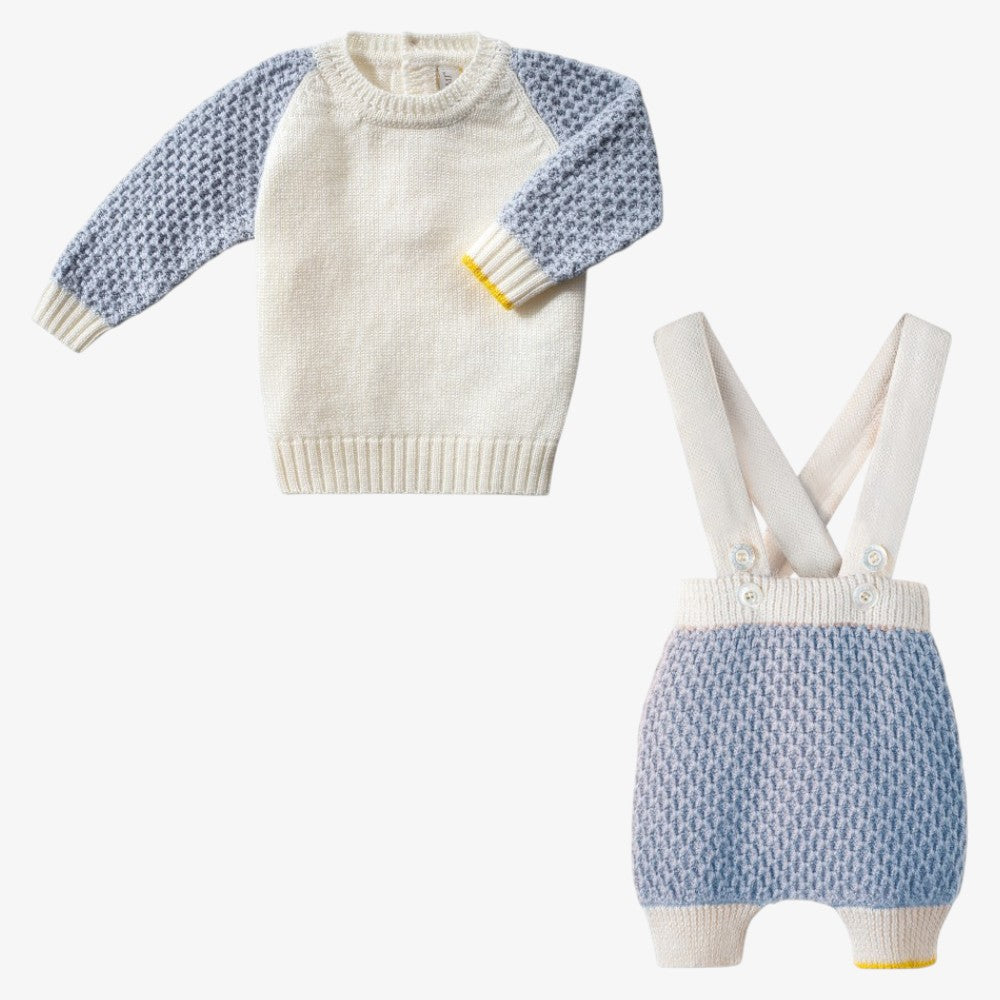Honeycomb Knit Sweater With Suspender Pants - Offwhite &amp; Sky Blue