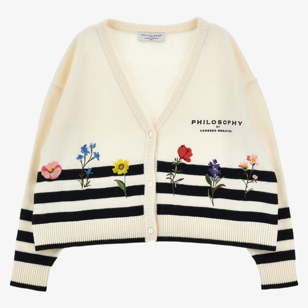 Stripe Knit Floral Cardigan - Offwhite
