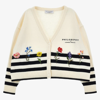 Stripe Knit Floral Cardigan - Offwhite