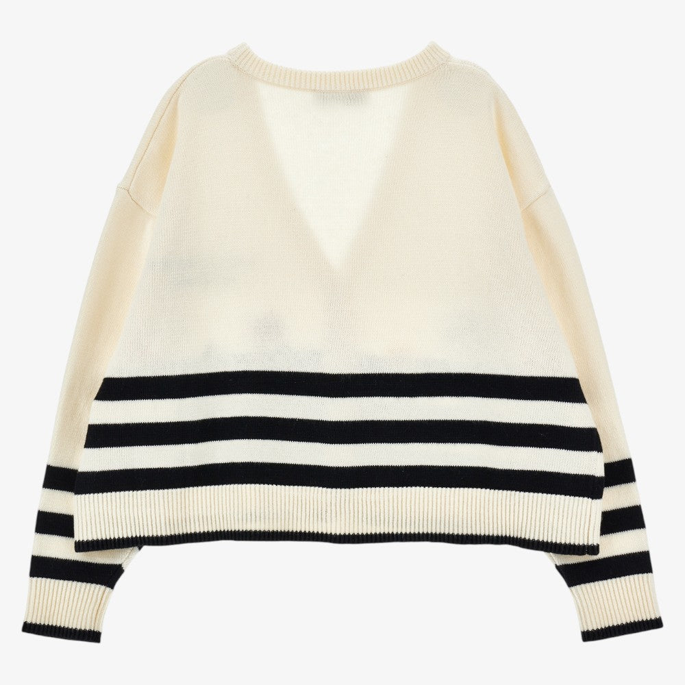 Stripe Knit Floral Cardigan - Offwhite