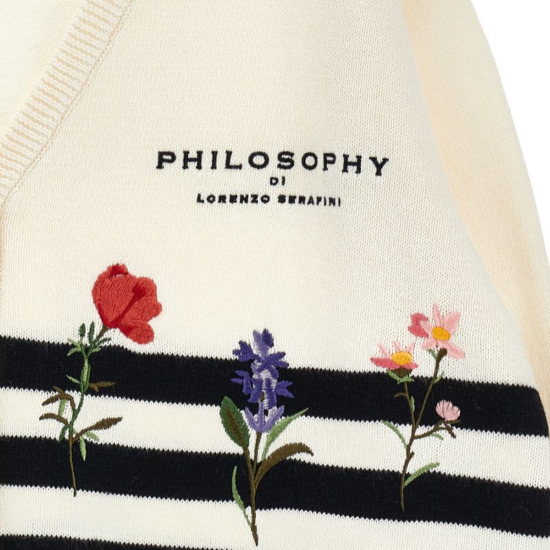 Stripe Knit Floral Cardigan - Offwhite