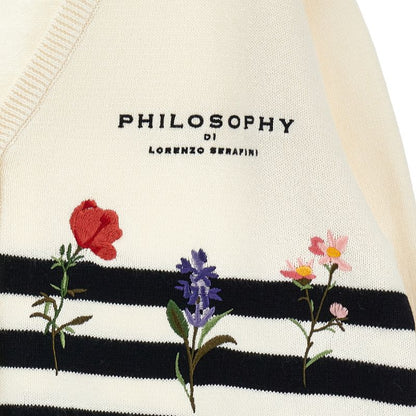 Stripe Knit Floral Cardigan - Offwhite