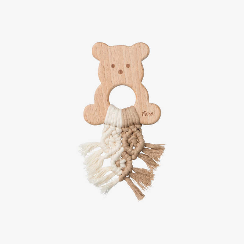 Picky Macrame Teddy Bear Teether - Off White And Beige