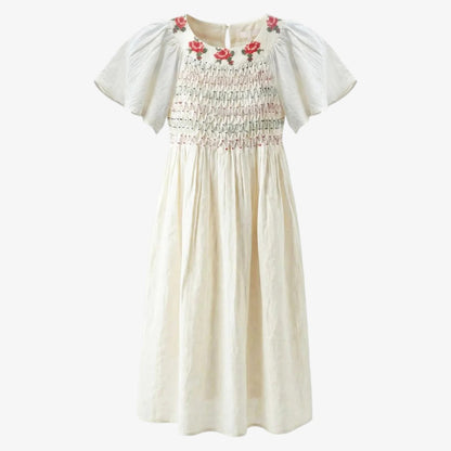 Embroidered Multi Flower Dress - Ivory White