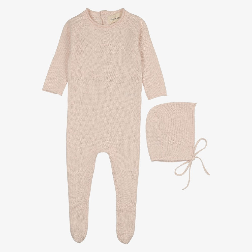 Knit Footie And Bonnet - Blush