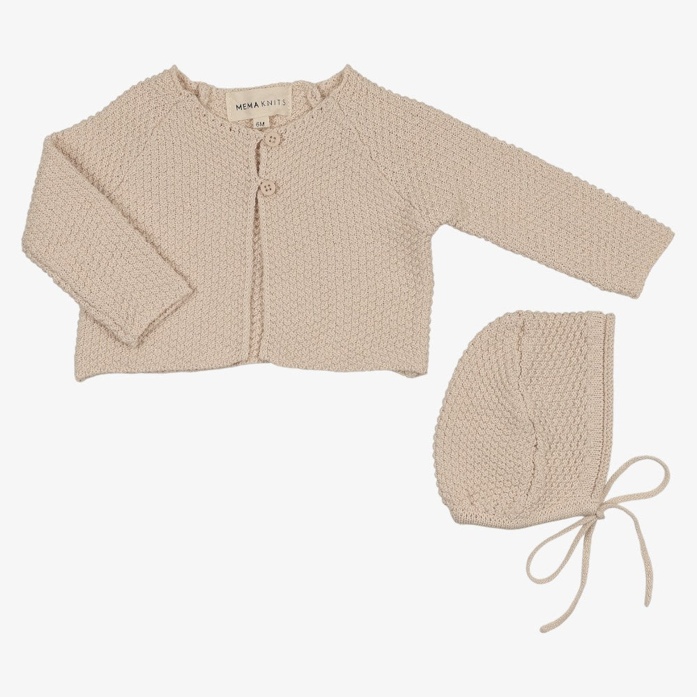 Waffle Knit Cardigan And Bonnet - Sand