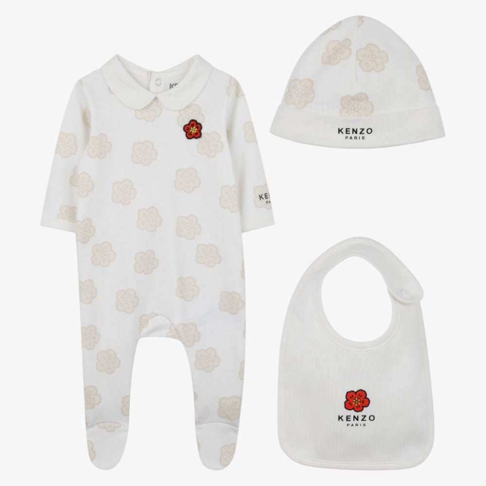 Printed Footie With Bib - Off White
