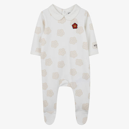 Printed Footie With Bib - Off White