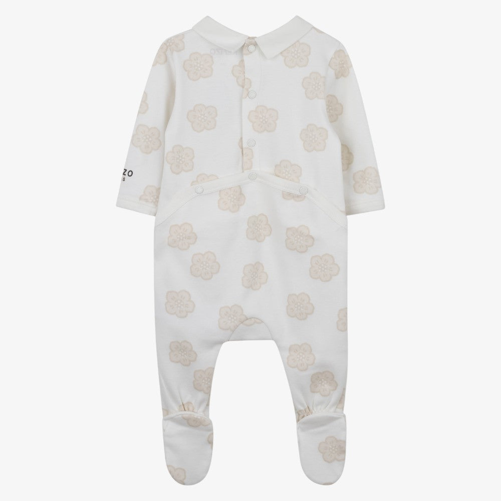 Printed Footie With Bib - Off White