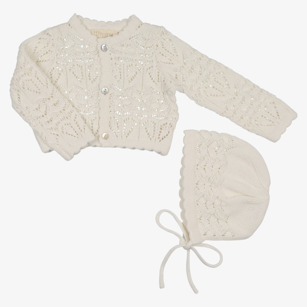 Eyelit Crop Cardigan And Bonnet - Cream
