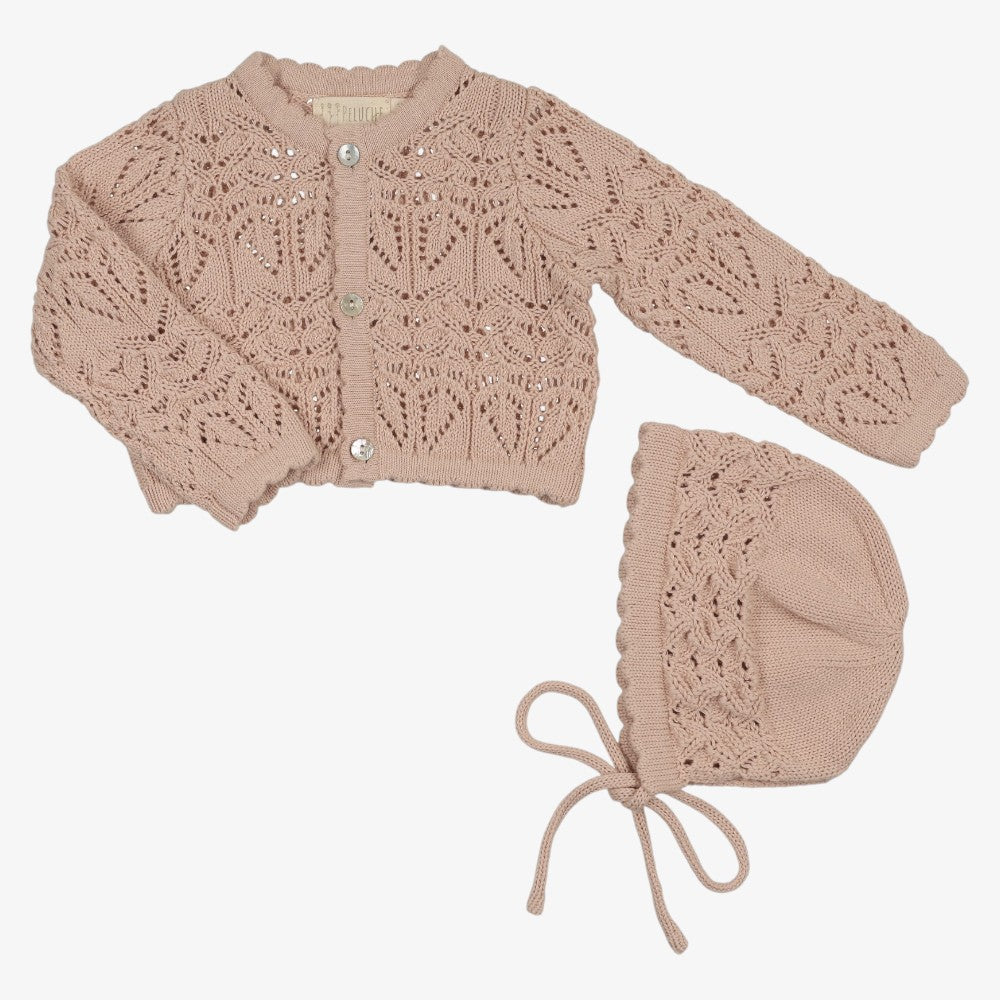 Eyelit Crop Cardigan And Bonnet - Rose