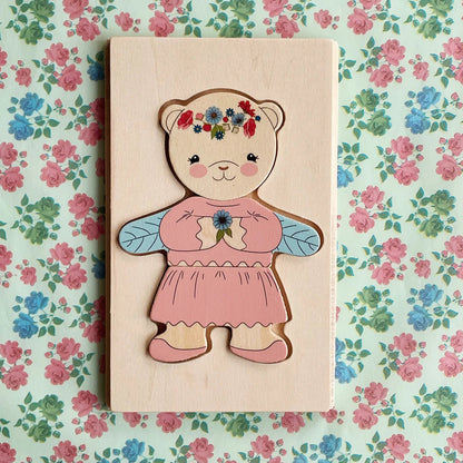 Wooden Teddy Dress Up Puzzle - Dusty Pink