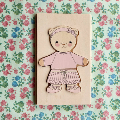 Wooden Teddy Dress Up Puzzle - Dusty Pink