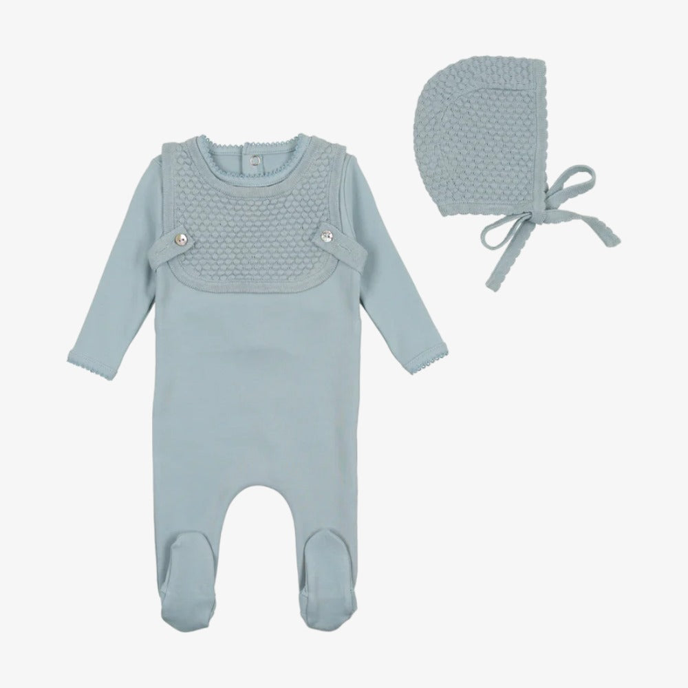 Knit Overlay Cotton Footie With Bonnet - Blue Fog