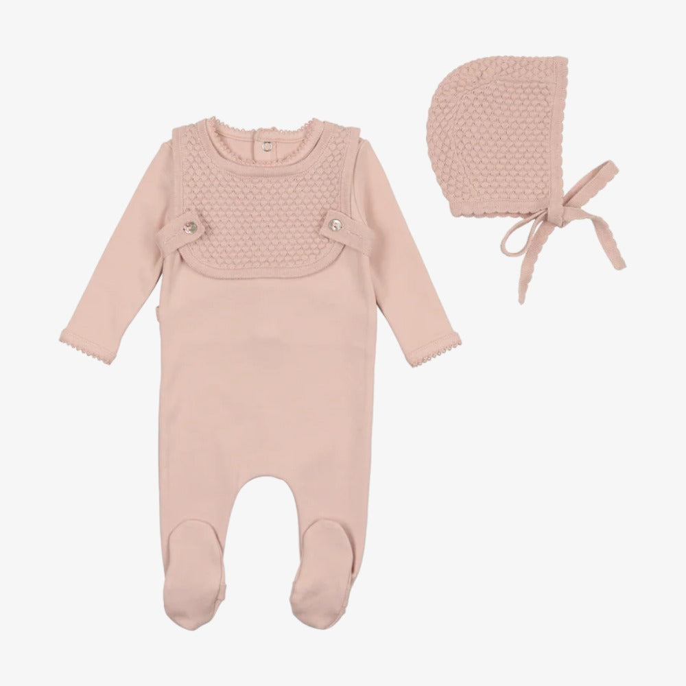 Knit Overlay Cotton Footie With Bonnet - Nude Pink