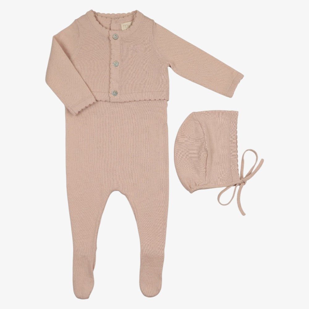 Knit Footie With Cardigan And Bonnet - Rose