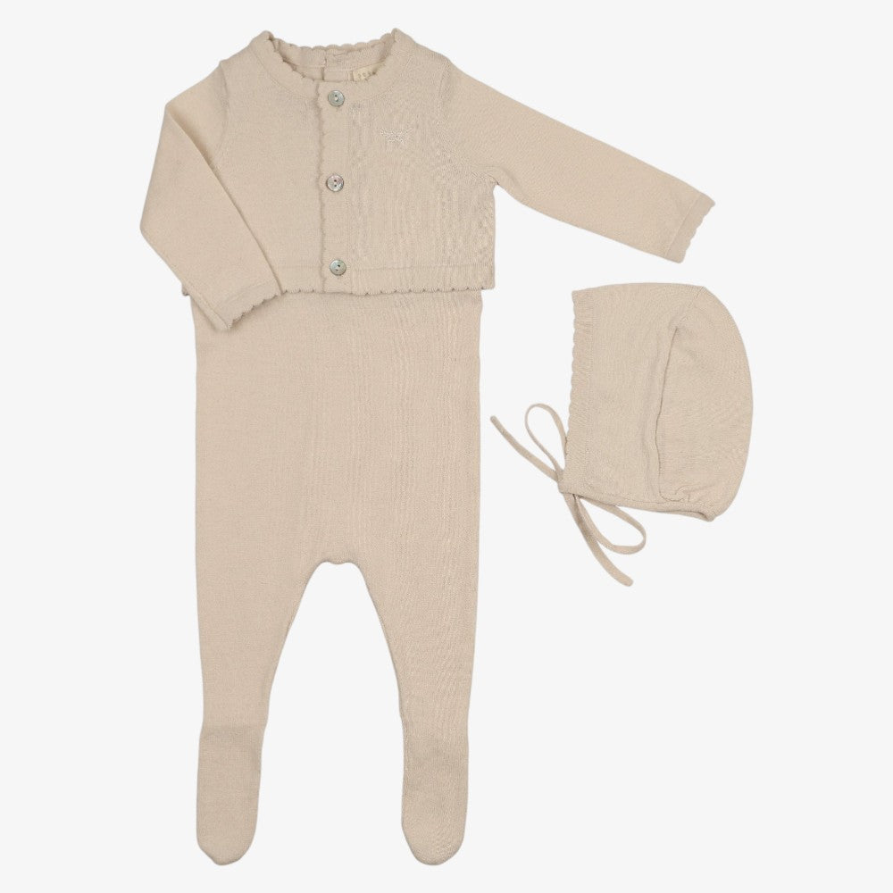 Knit Footie With Cardigan And Bonnet - Stone