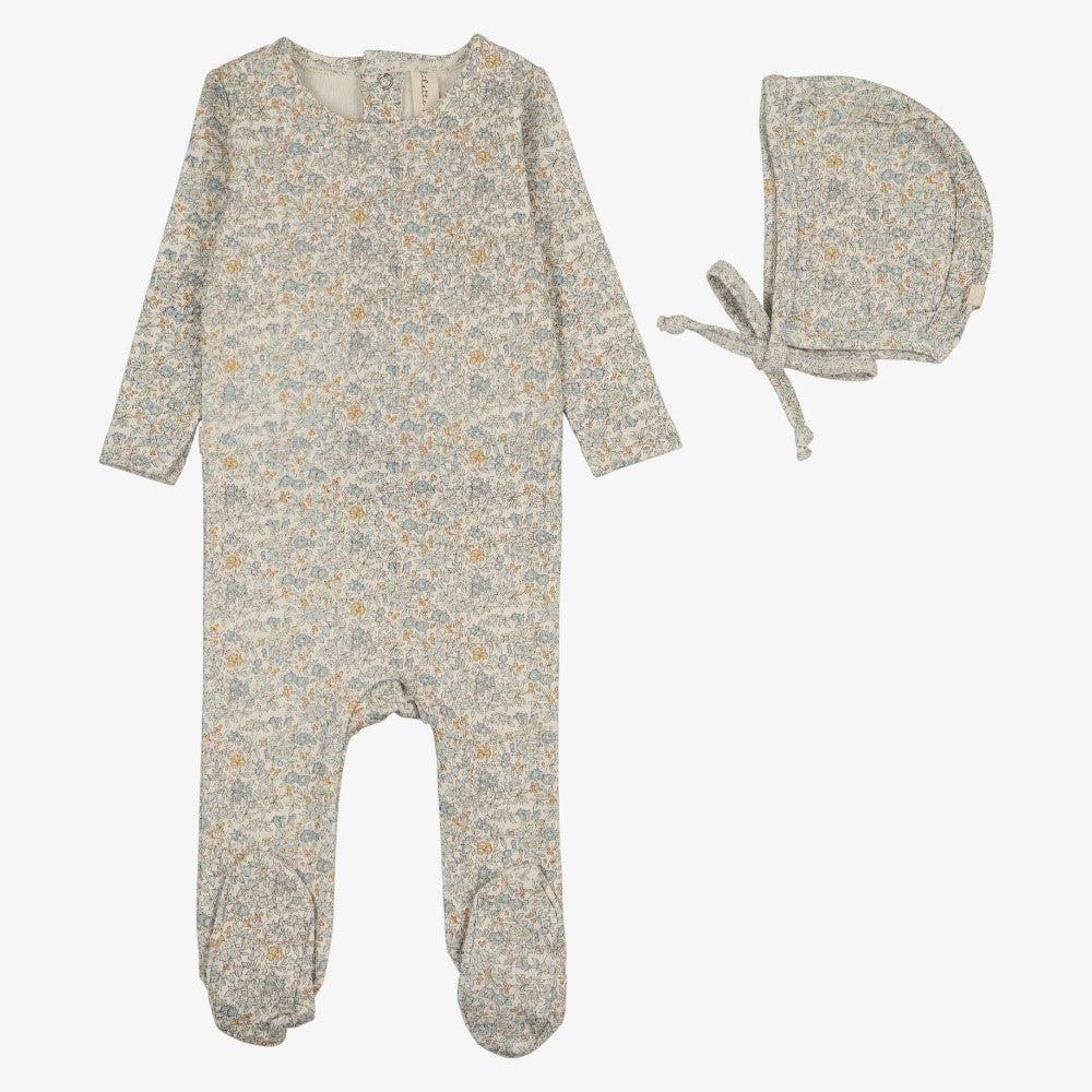Liberty Floral Footie And Hat - Cream &amp; Blue