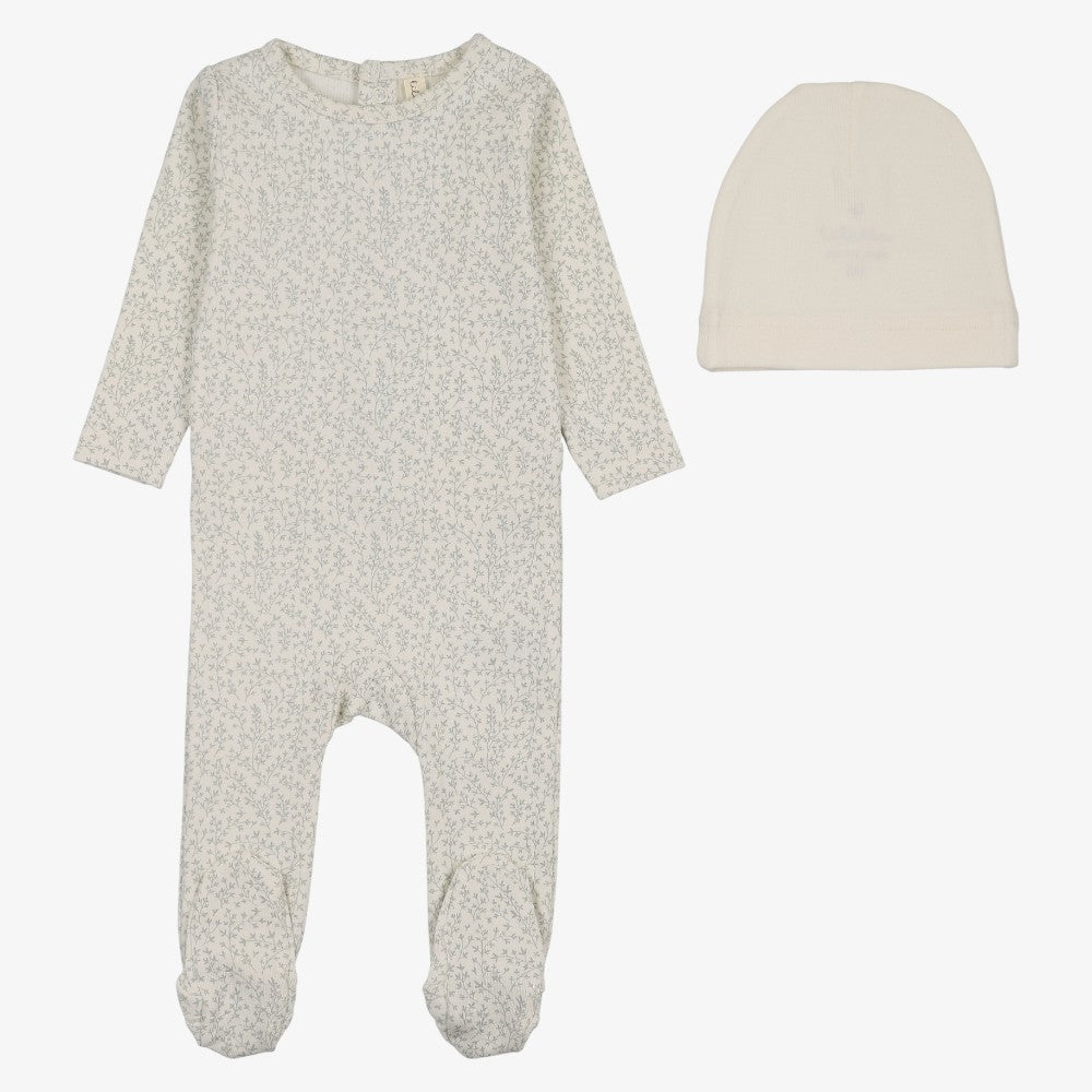 Leaf Trail Footie And Hat - Cream &amp; Blue
