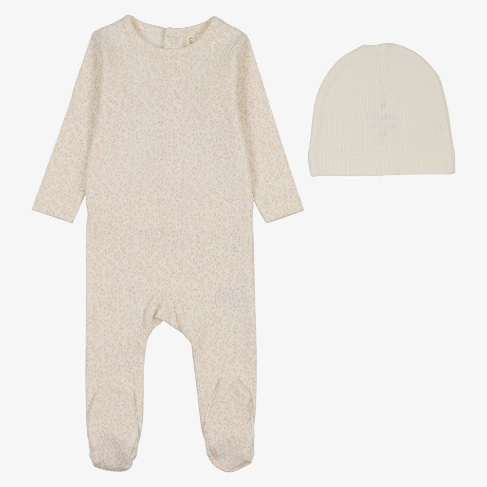 Leaf Trail Footie And Hat - Cream &amp; Pink