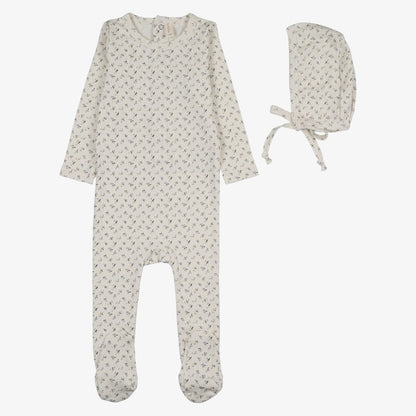 Cherry Blossom Footie And Hat - Cream &amp; Blue