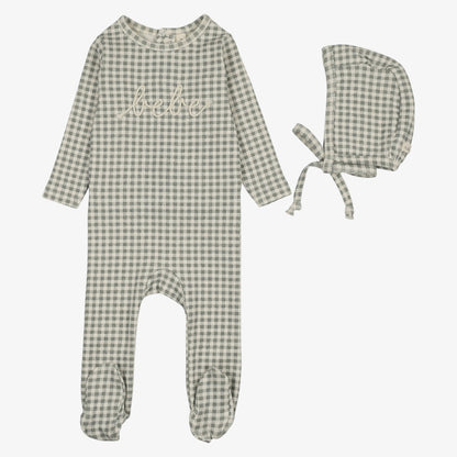 Gingham Bebe Footie And Hat - Pale Blue