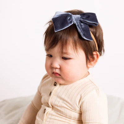 Velvet Bow Headband - Steel Blue