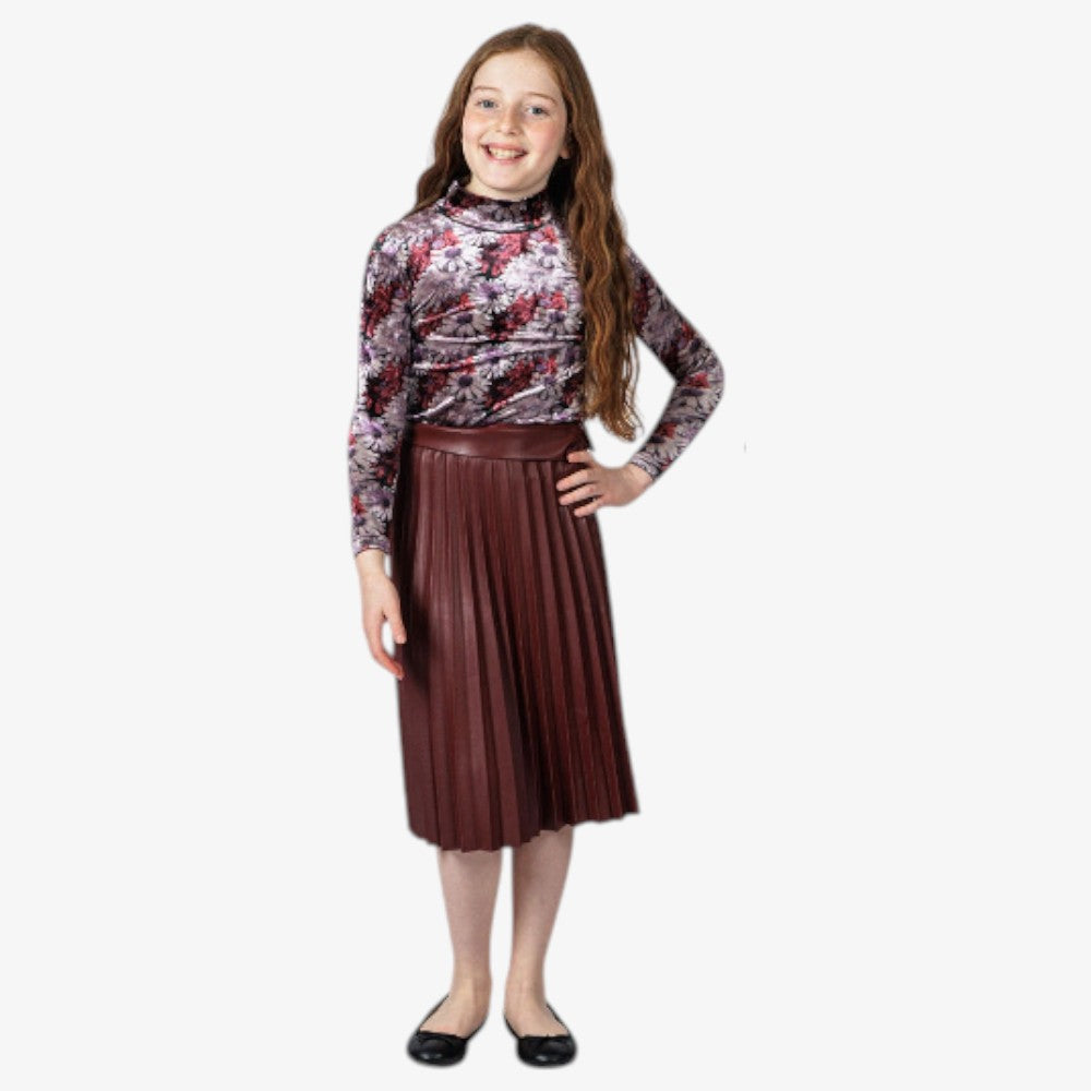 Pleated Leather Skirt - Burgundy