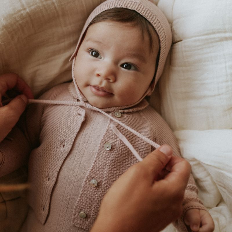 Knit Cardigan And Bonnet - Taupe