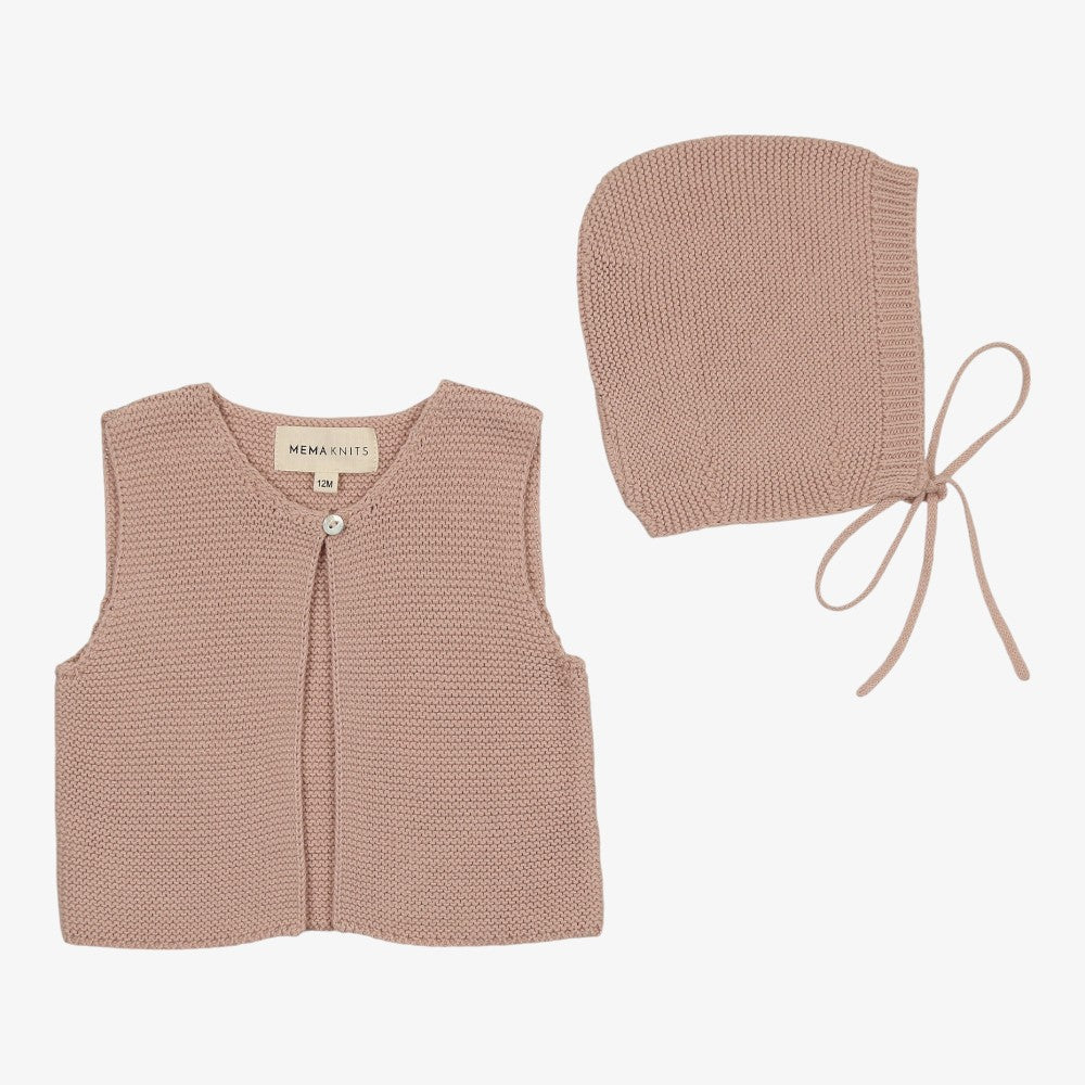 Knit Crop Vest And Bonnet - Dusty Pink