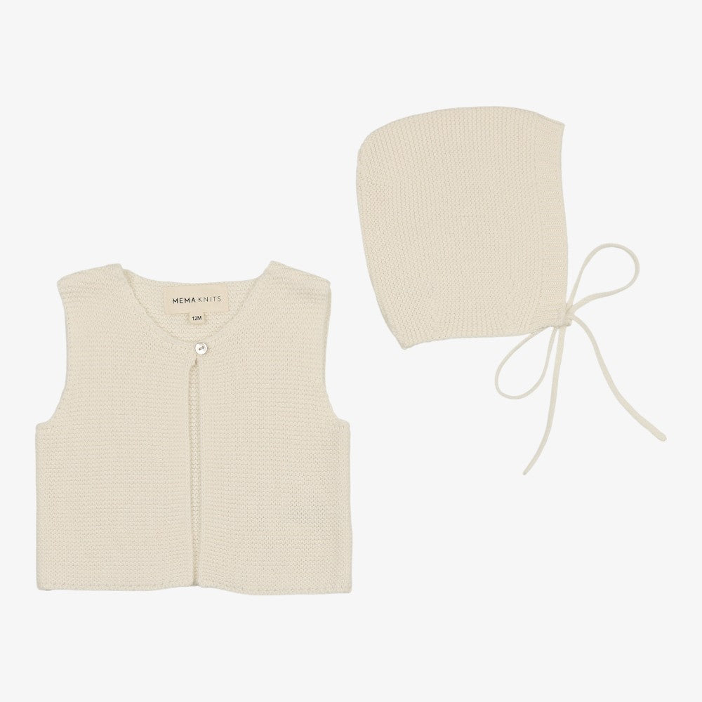 Knit Crop Vest And Bonnet - Cream