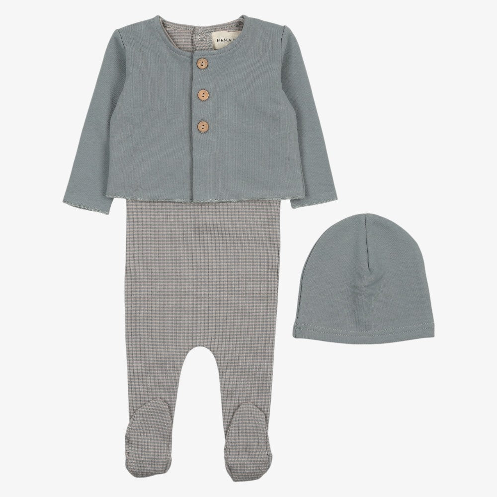 Striped Footie With Cardigan And Beanie - Dove-oatmeal