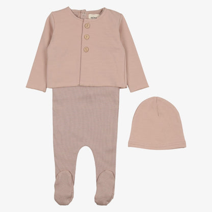 Striped Footie With Cardigan And Beanie - Pink-oatmeal