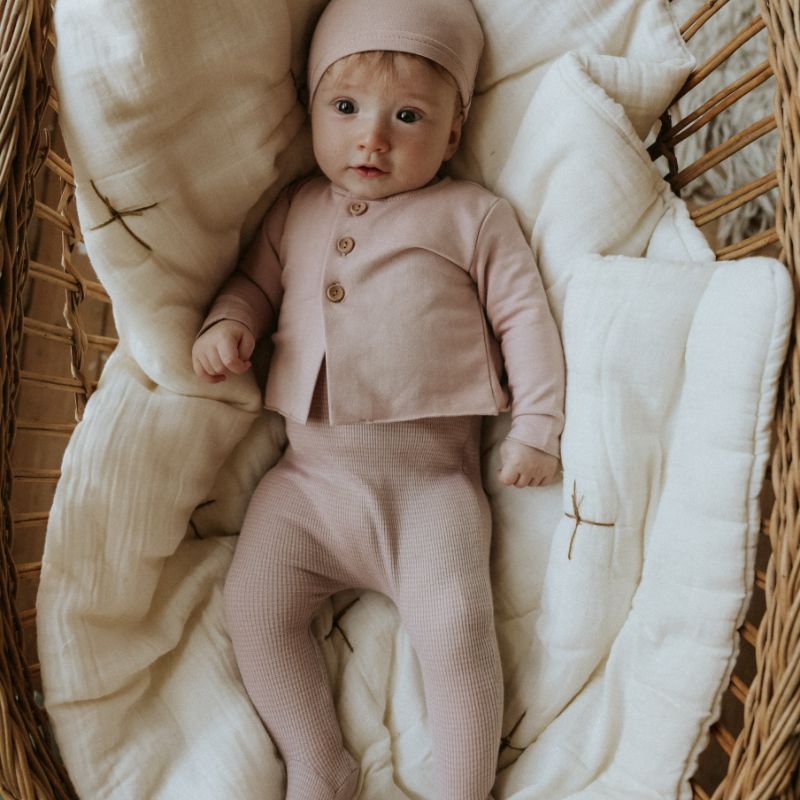 Striped Footie With Cardigan And Beanie - Pink-oatmeal