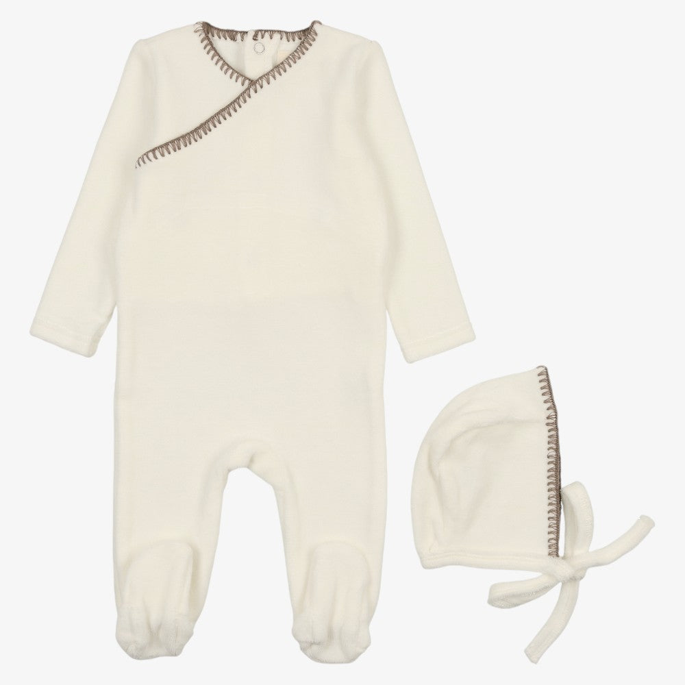 Embroidered Footie And Bonnet - Cream-mink