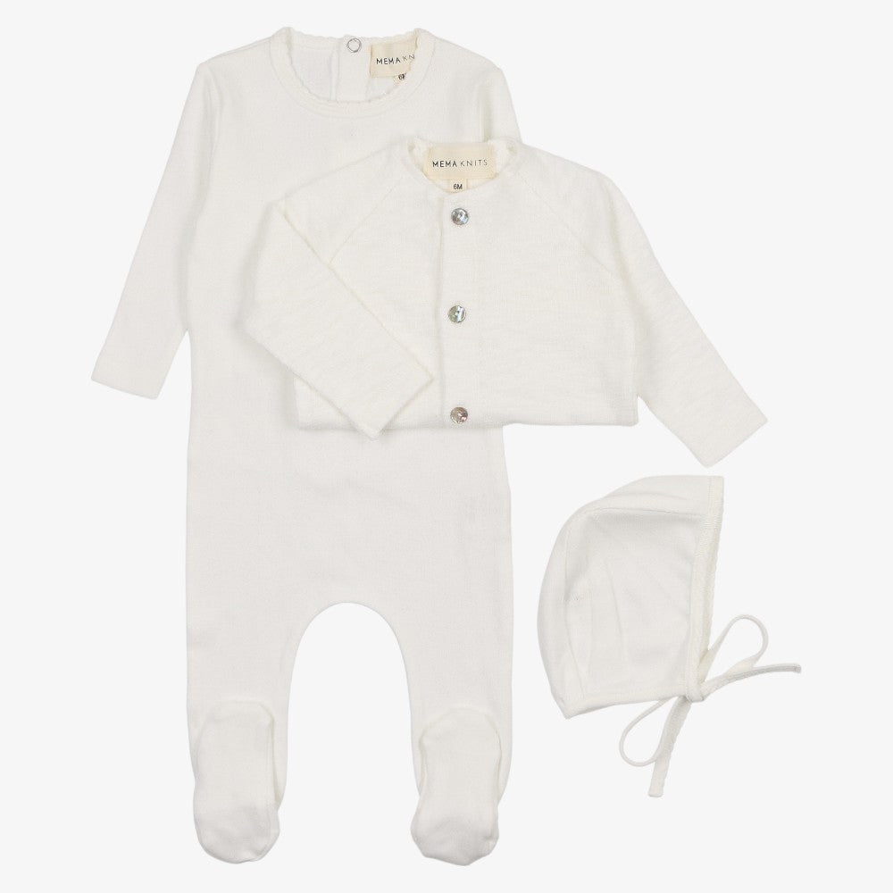 Mema Knits Bris Outfit - Knit Pointelle Wrap Two Piece 3PC Set - Winter White