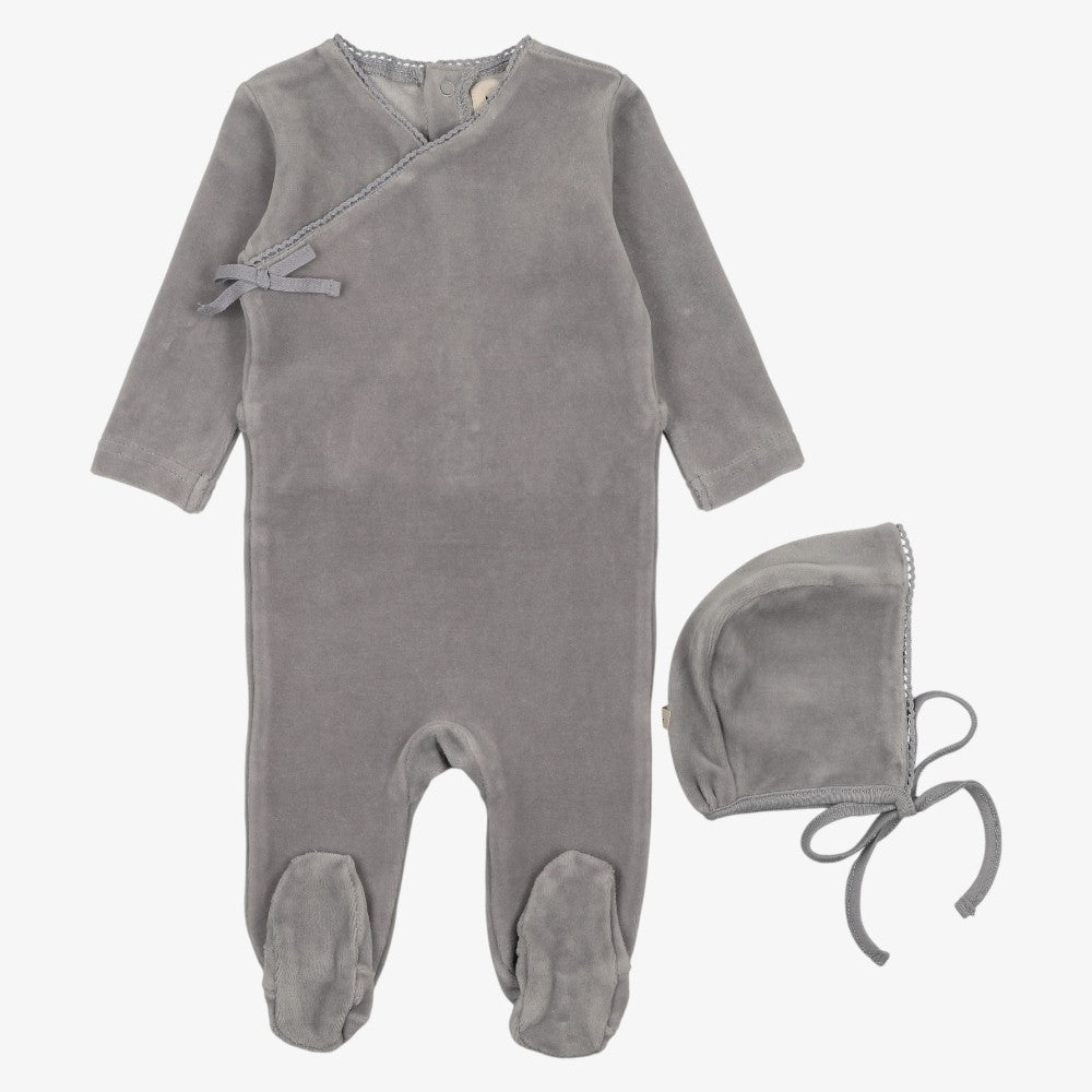 Velour Side Snap Footie And Bonnet - Light Blue
