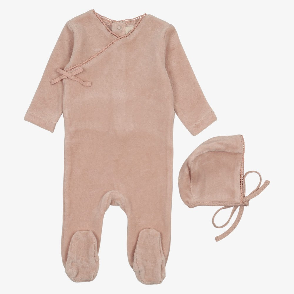 Velour Side Snap Footie And Bonnet - Soft Pink