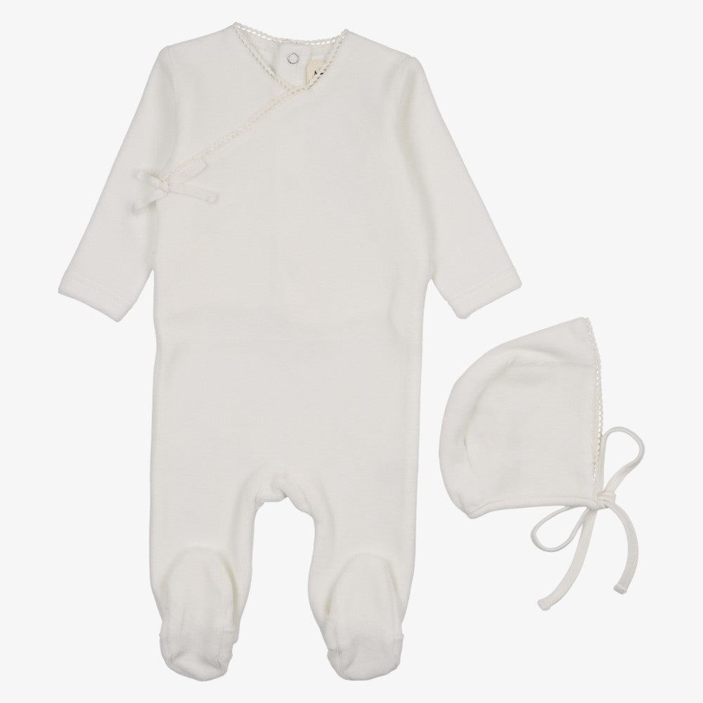 Velour Side Snap Footie And Bonnet - Winter White