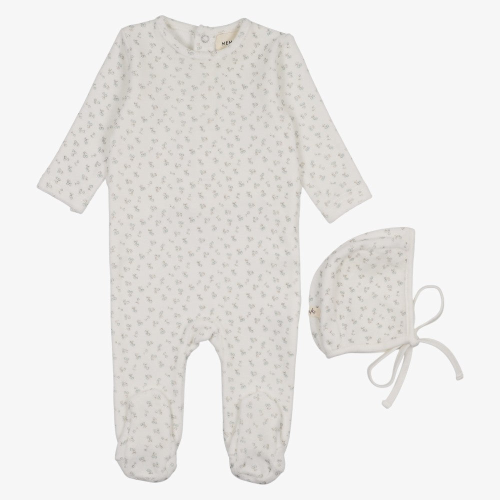 Velour Cherry Footie And Bonnet - Blue