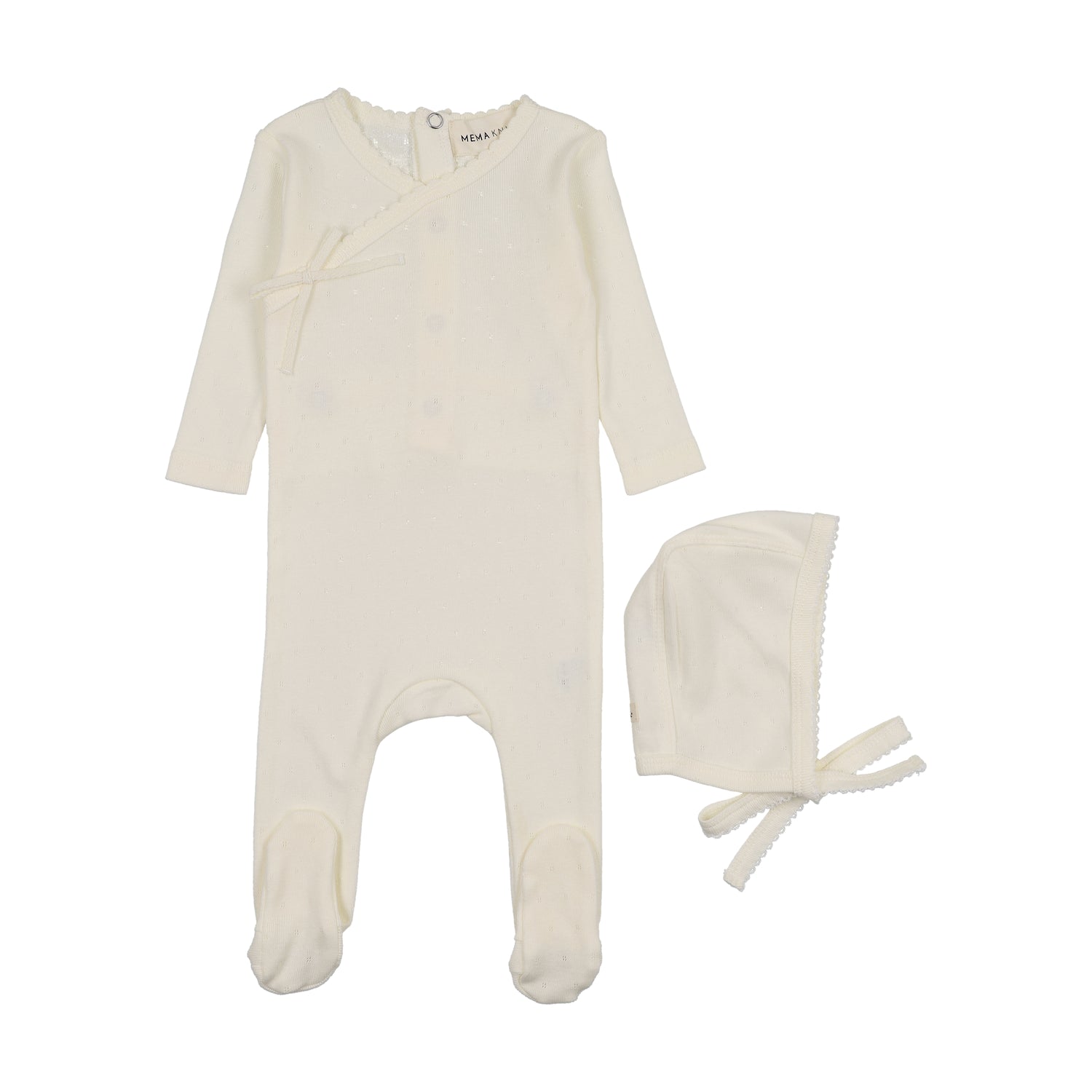 Pointelle Scallop Edge Footie And Bonnet - Winter White