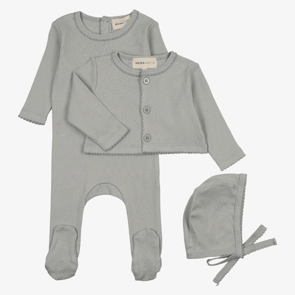 Pointelle Footie And Cardigan And Bonnet - Deep Blue