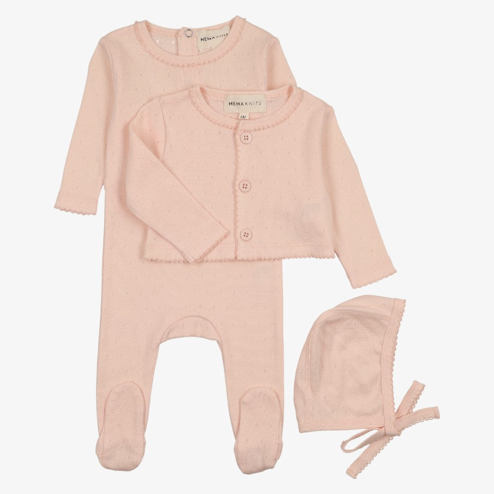 Pointelle Footie And Cardigan And Bonnet - Deep Pink