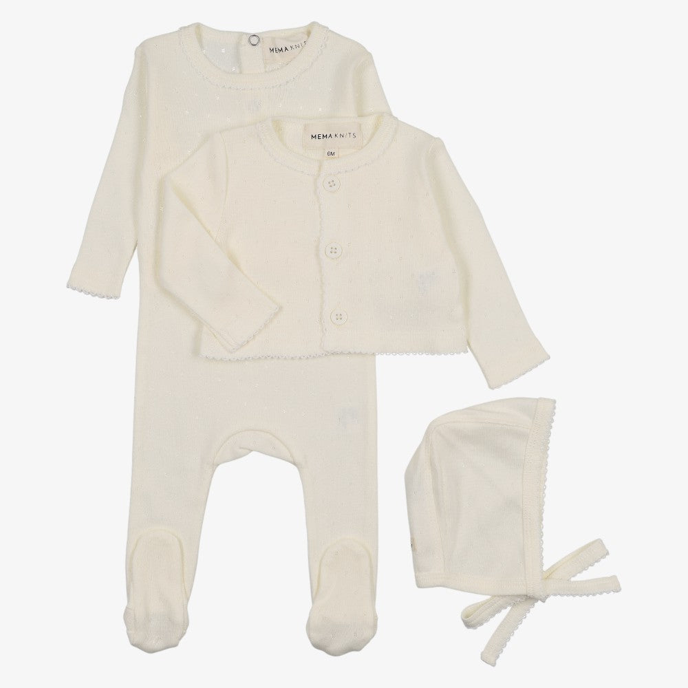 Pointelle Footie And Cardigan And Bonnet - Winter White