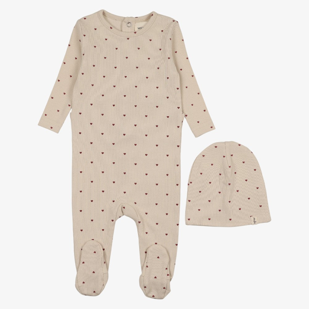 Heart Printed Footie And Beanie - Ecru &amp; Red