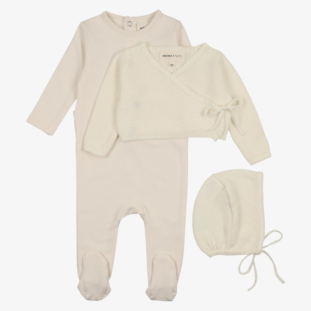 Embroidered Edge Knit Footie And Sweater And Bonnet - Ivory