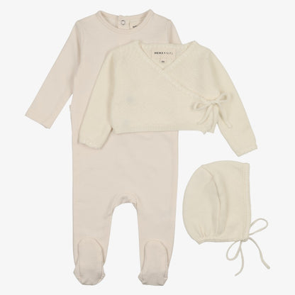 Embroidered Edge Knit Footie And Sweater And Bonnet - Ivory