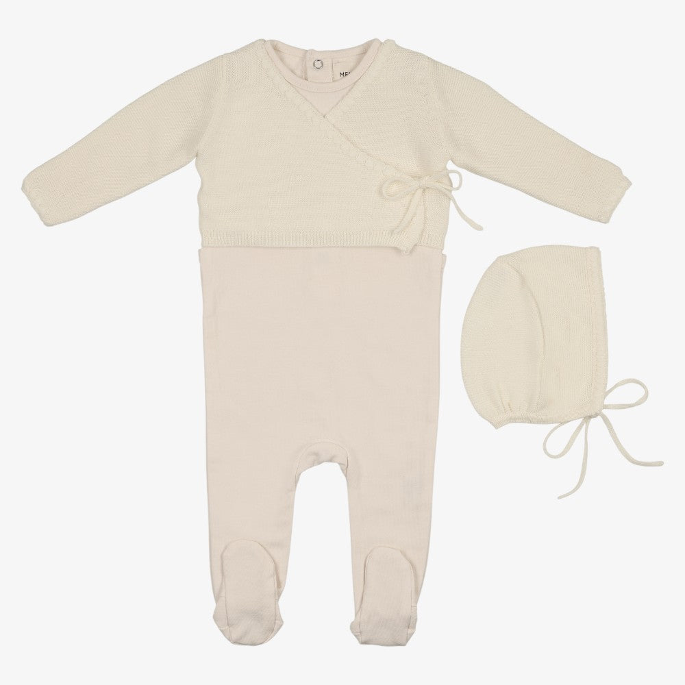 Embroidered Edge Knit Footie And Sweater And Bonnet - Ivory